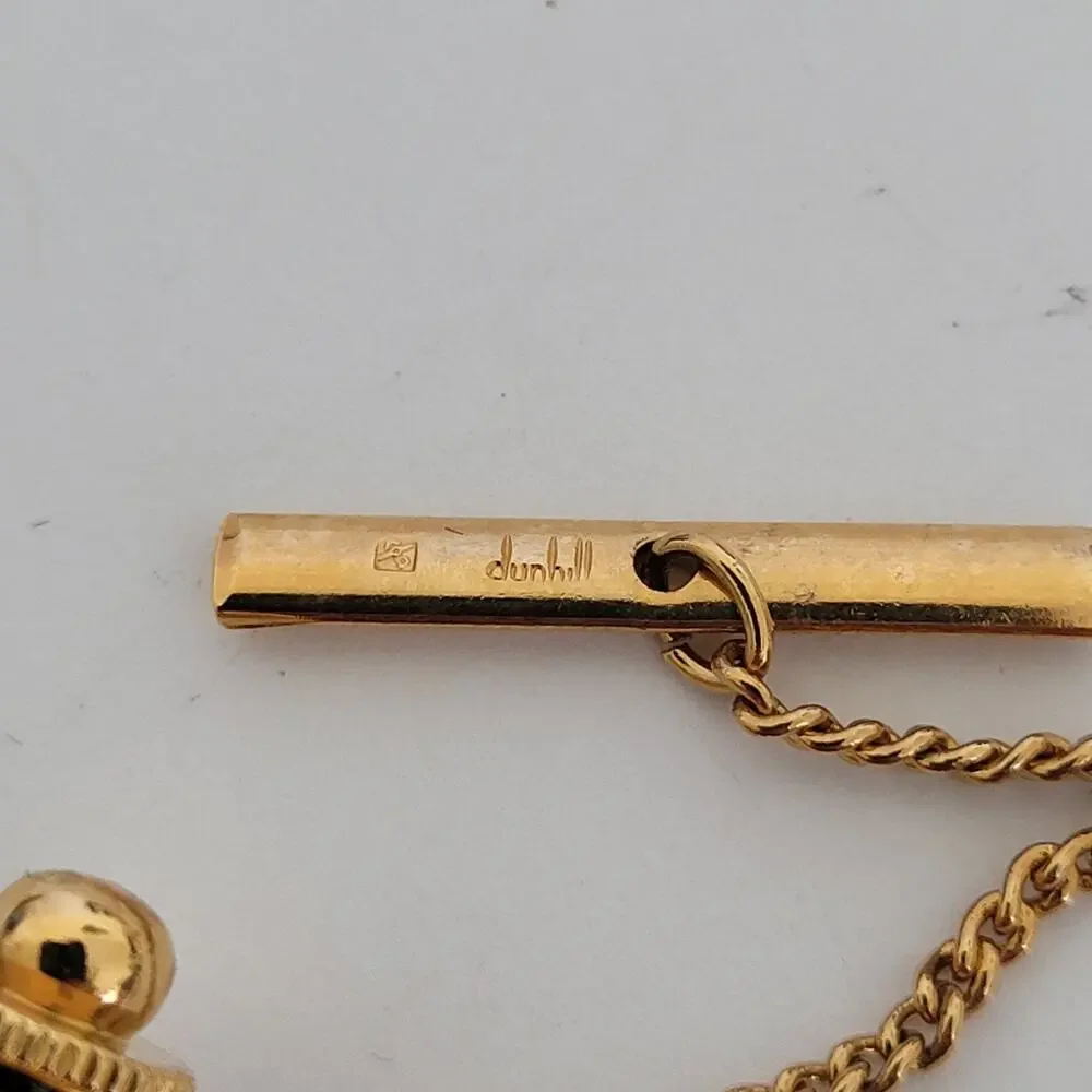 Dunhill Tie Necktie Pin Tack Clasp Knot Gold Tone Logo Designer Round Vintage